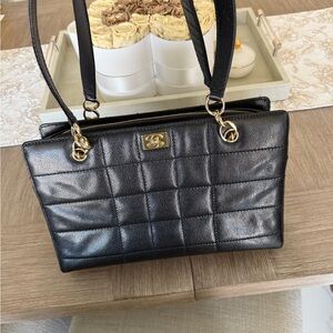 Chanel black caviar leather chocolate bar shoulder bag